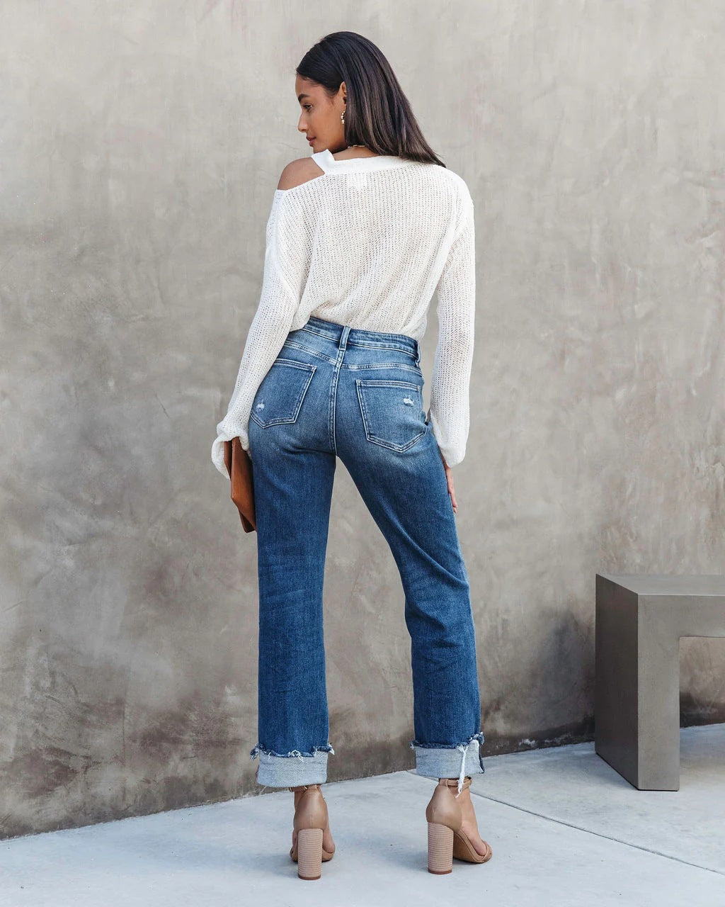 Women's High Waist Straight Leg Jeans - Distressed Detail - Cuffed Hem