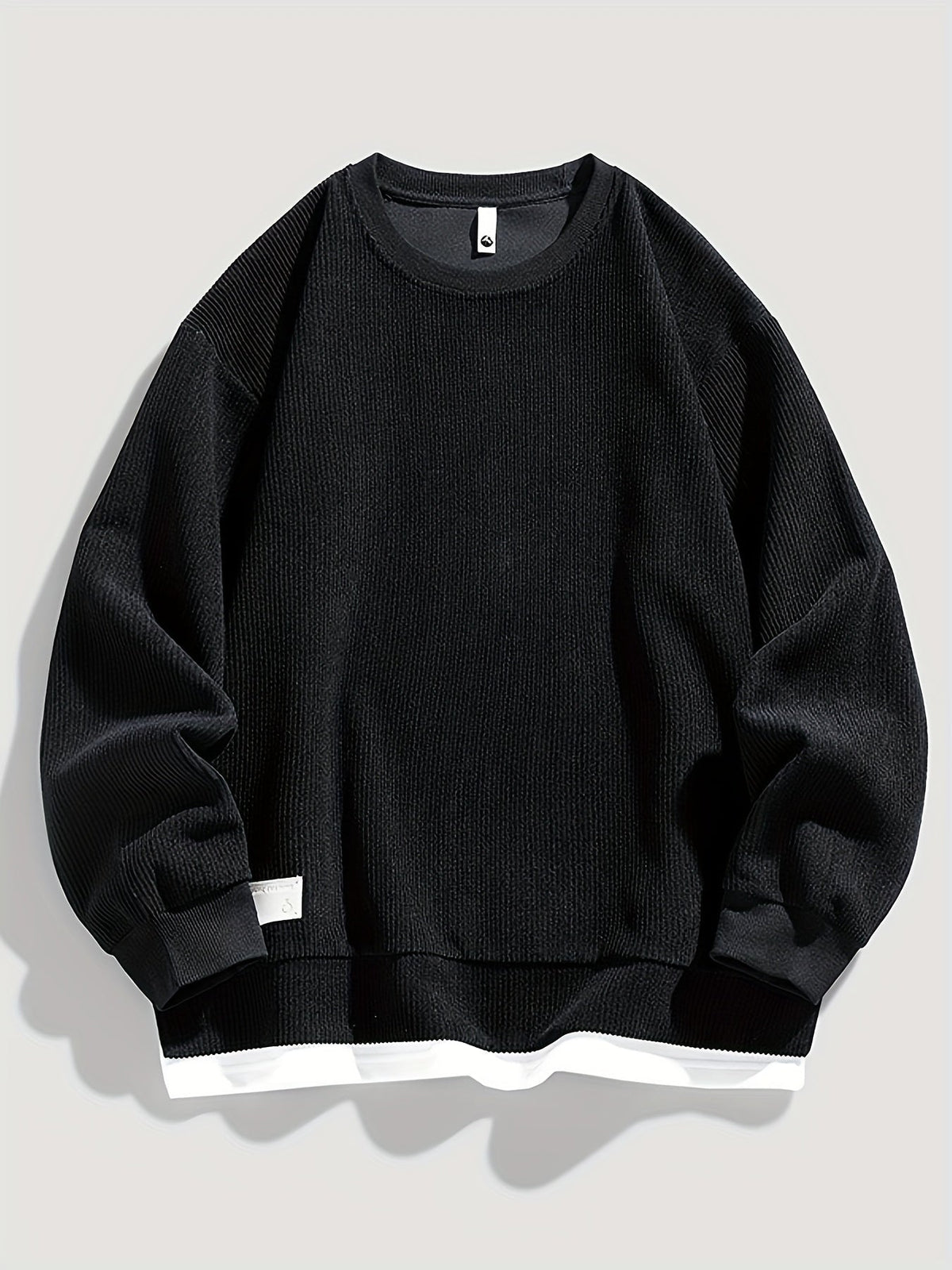 Crewneck Sweatshirt with Sewn-in Layered Collar and Ribbed Fabric