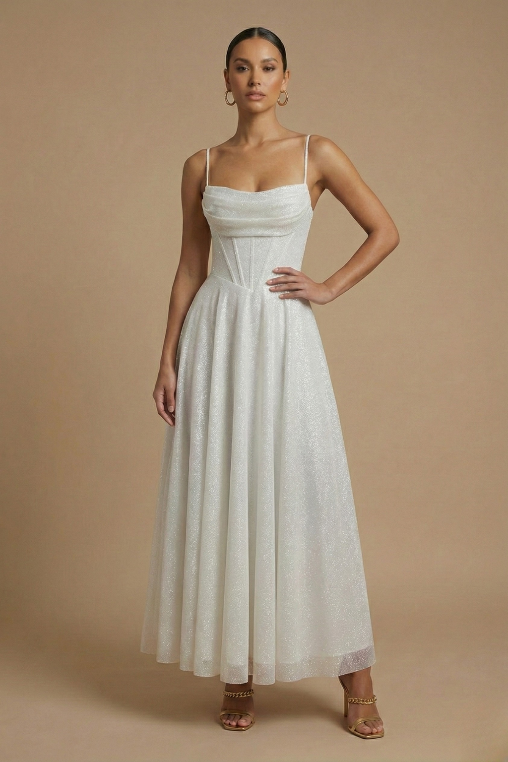 Women’s Spaghetti Strap Maxi Evening Dress with Corset Bodice and Flowing Skirt Elegant Event Style