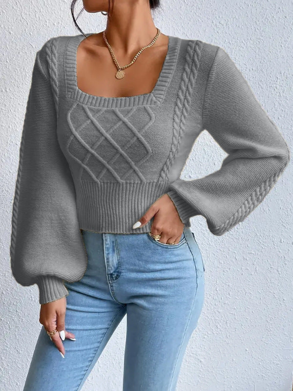 Women's Cropped Sweater with Square Collar and Cable Knit Panel, Balloon Sleeves