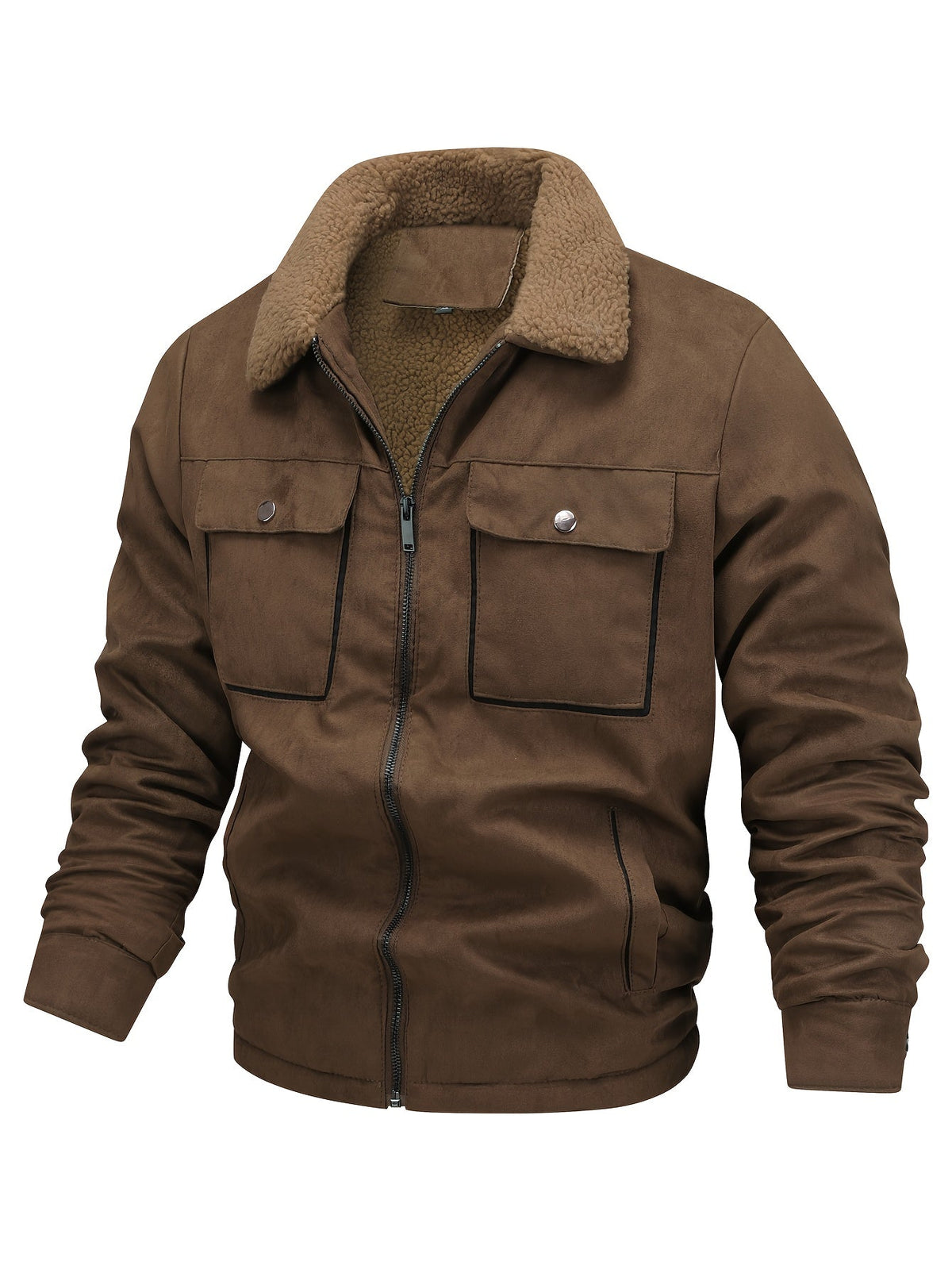 Structured Collar Lined Jacket with Full Length Zipper and Plush Fleece, Multiple Pockets