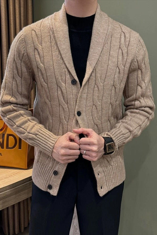 Button Front Cable Knit Cardigan with Ribbed Trim and Pill Resistant Polyester