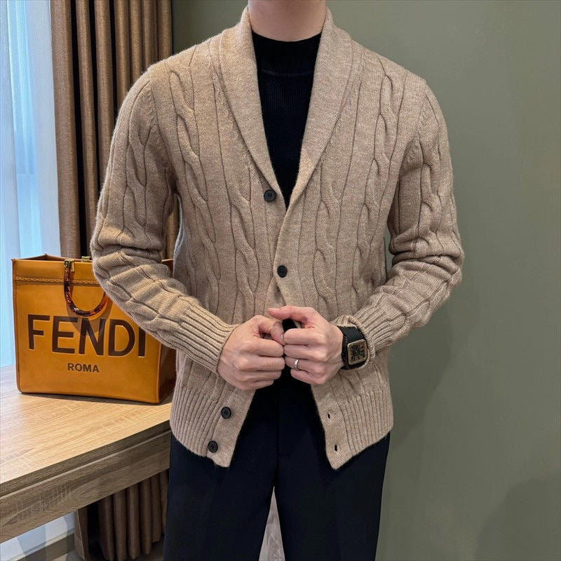 Button Front Cable Knit Cardigan with Ribbed Trim and Pill Resistant Polyester