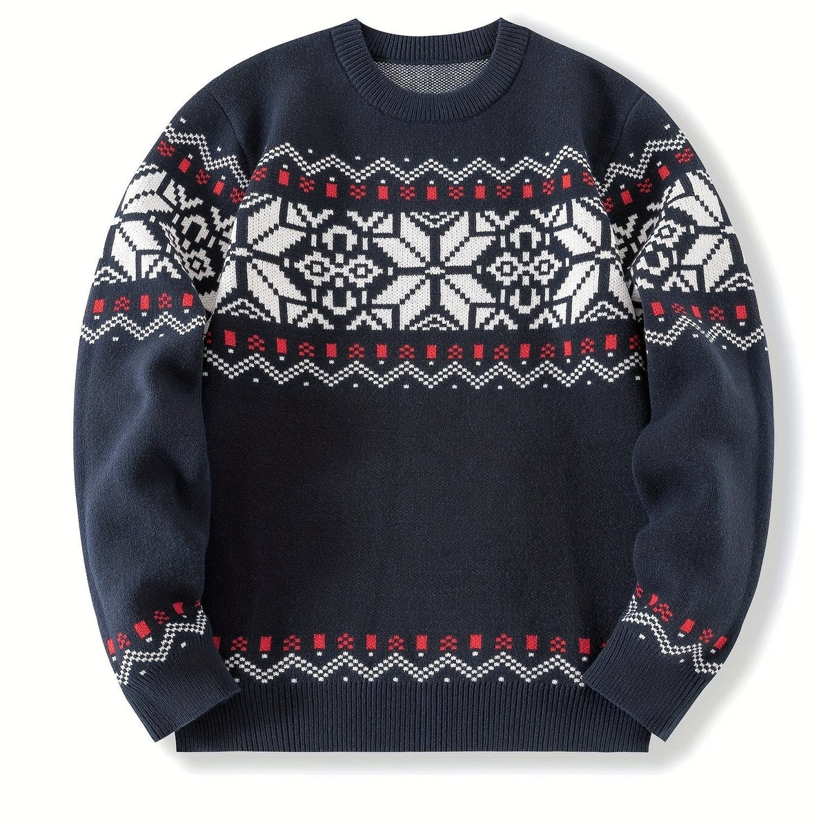 Round Neck Sweater with Snowflake Pattern and Ribbed Cuffs, Machine Washable