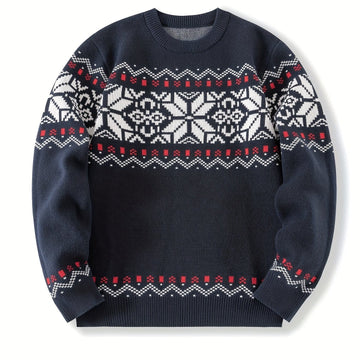 Round Neck Sweater with Snowflake Pattern and Ribbed Cuffs, Machine Washable