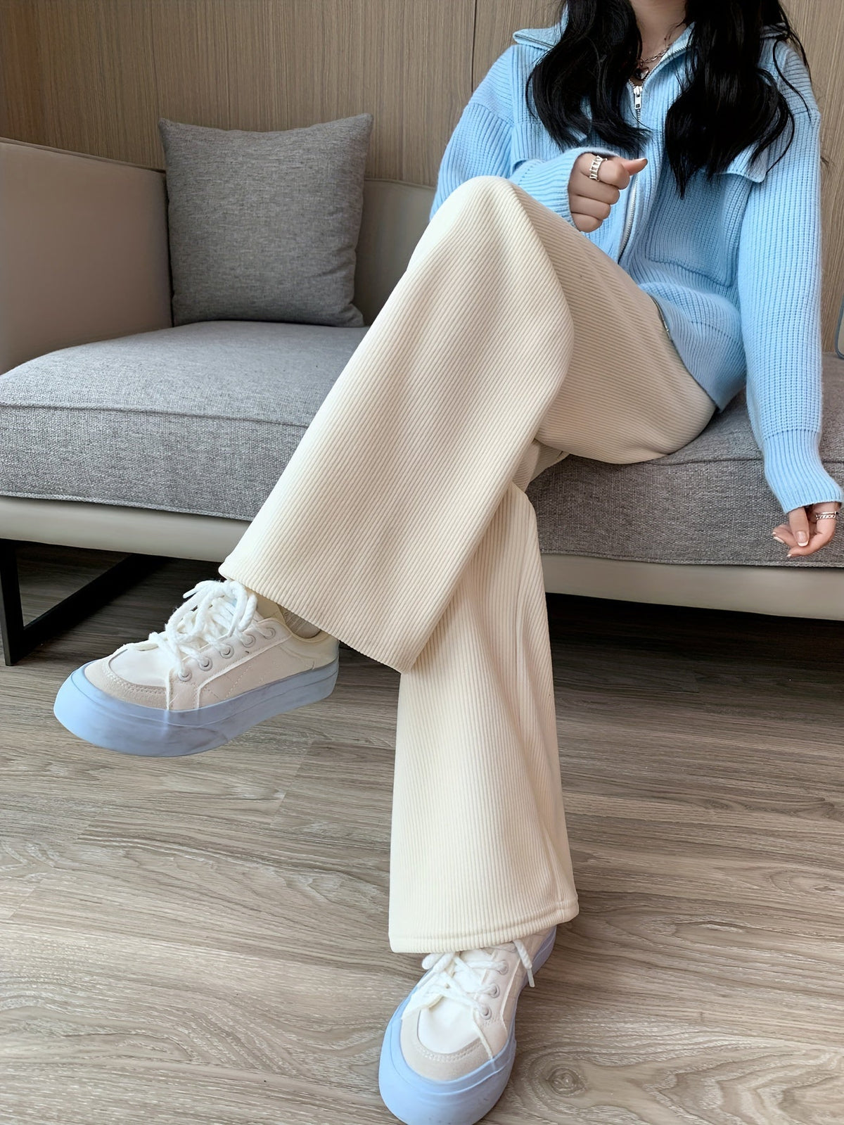 Wide Leg Pants with Thermal Inner Lining and Elastic Waistband for Cold Weather