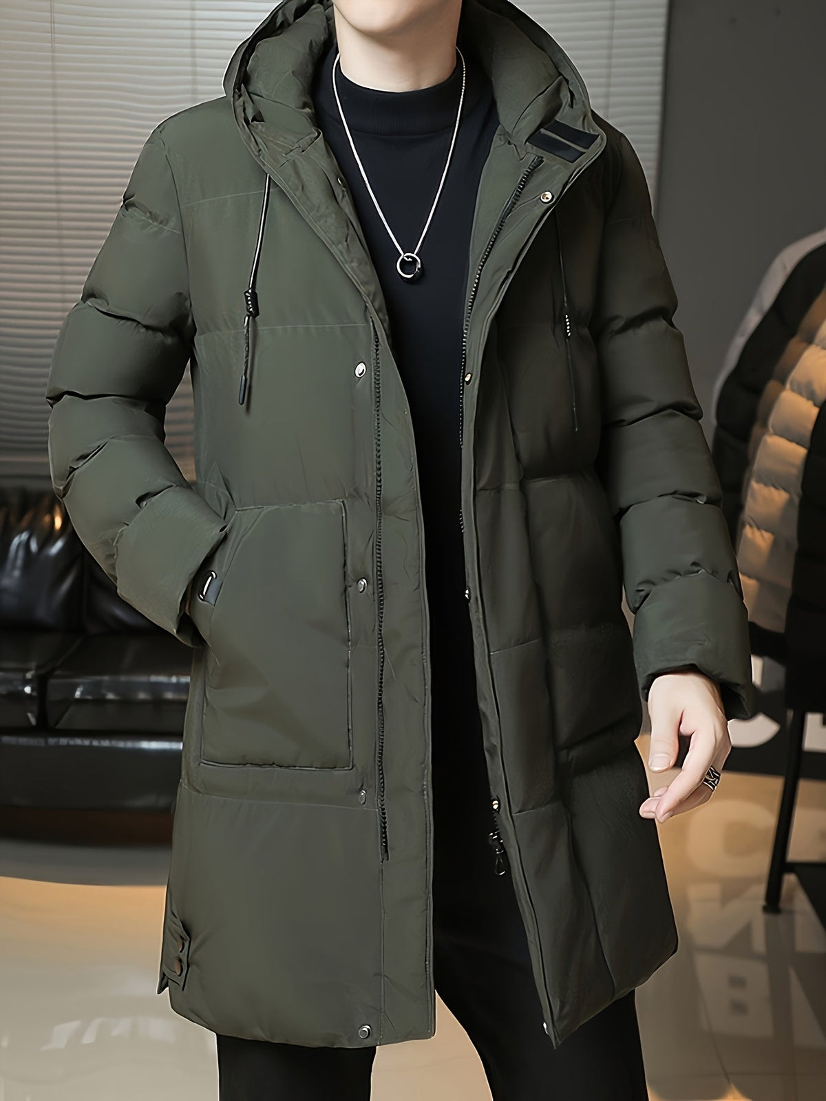 Padded Longline Coat with Adjustable Hood and Full Zipper