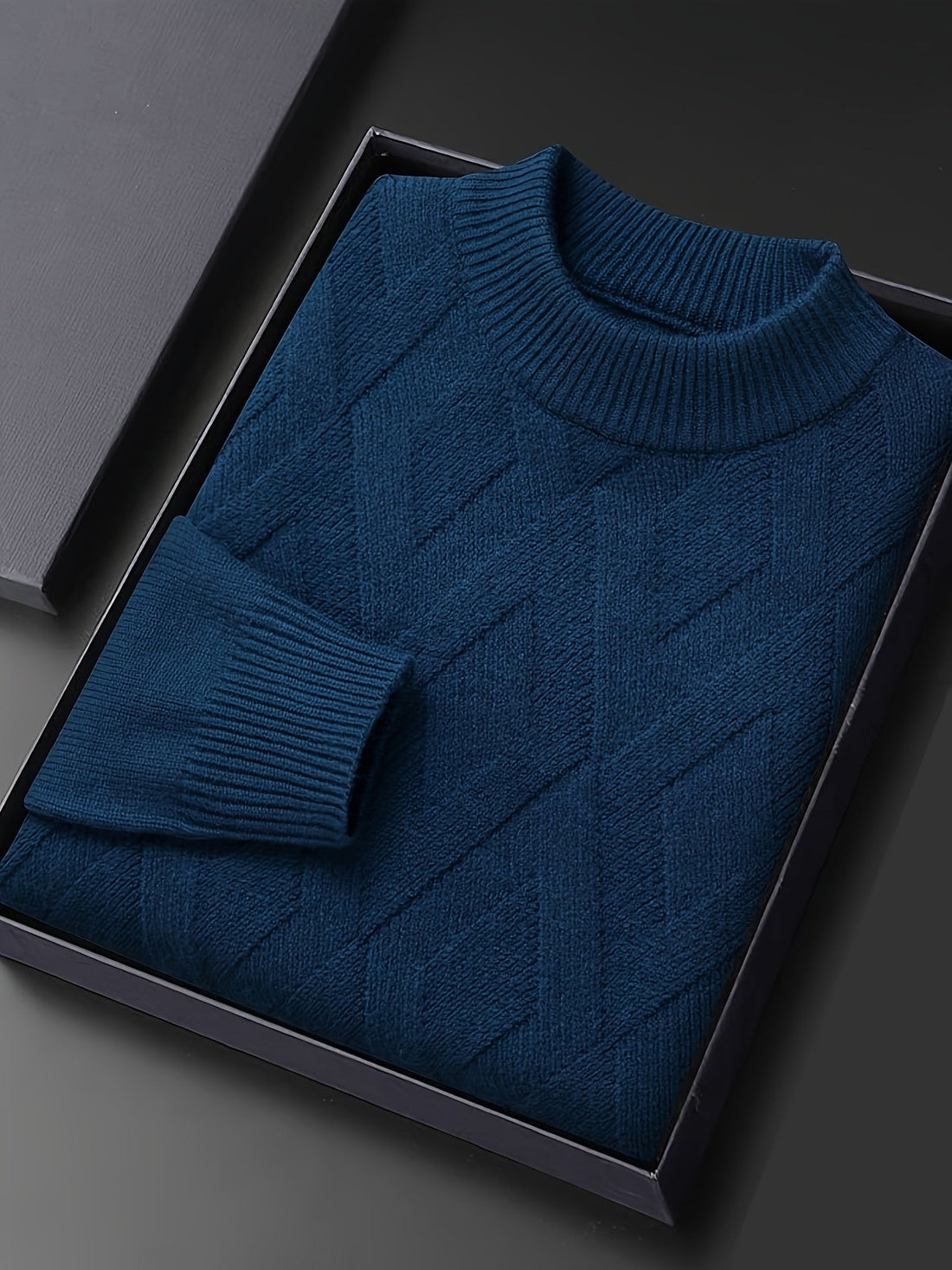 Close Fit Mock Neck Sweater with Diagonal Knit and Ribbed Cuffs