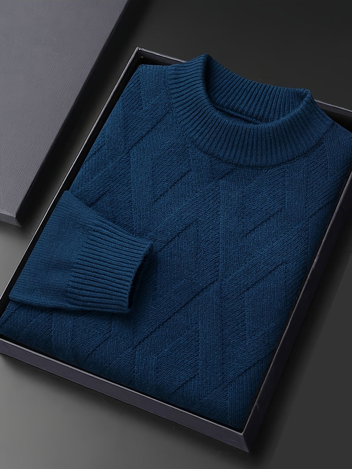 Close Fit Mock Neck Sweater with Diagonal Knit and Ribbed Cuffs