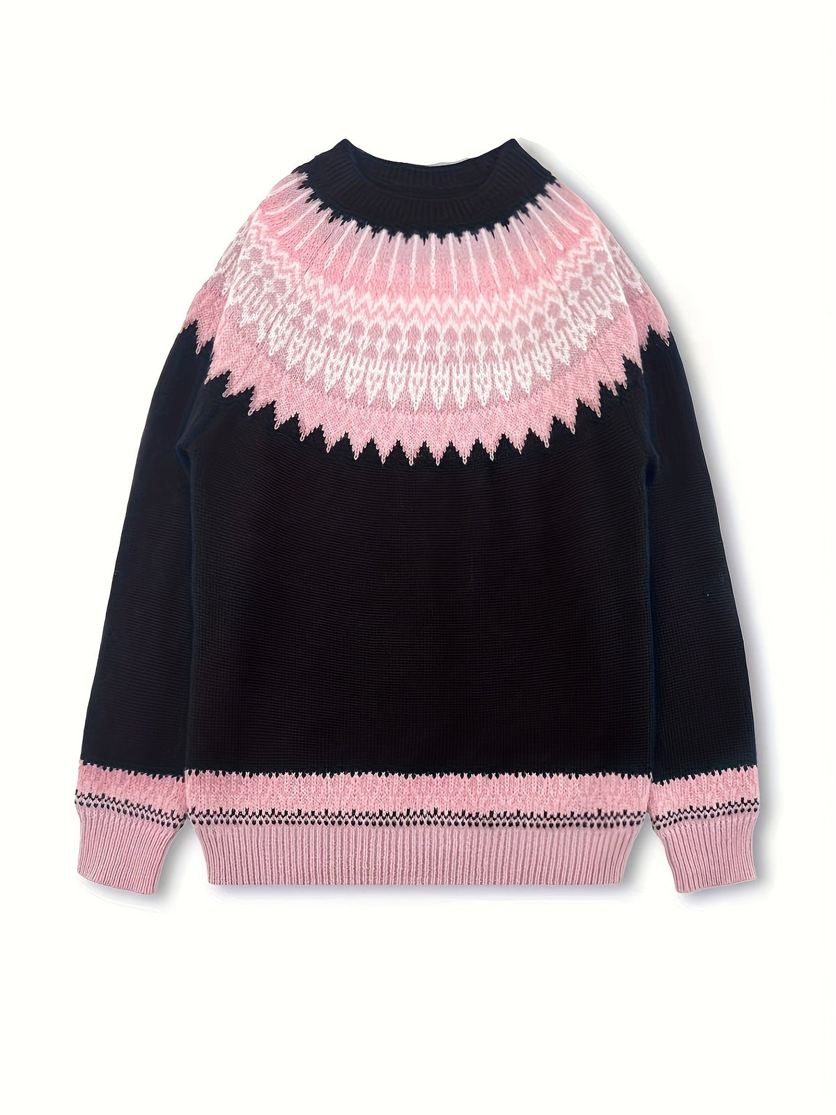 Chunky Knit Sweater with Jacquard Weave Pattern and Round Neck, Hip Length