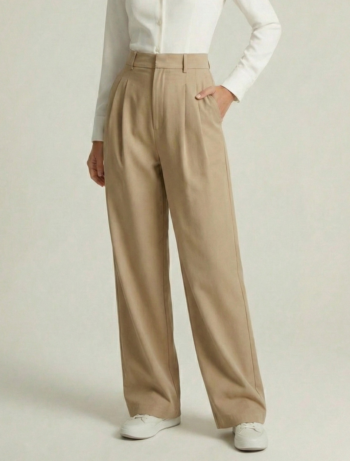 Women’s Wide Leg Pants - High Waist - Full Length - Front Pleat Detail - Tailored Fit