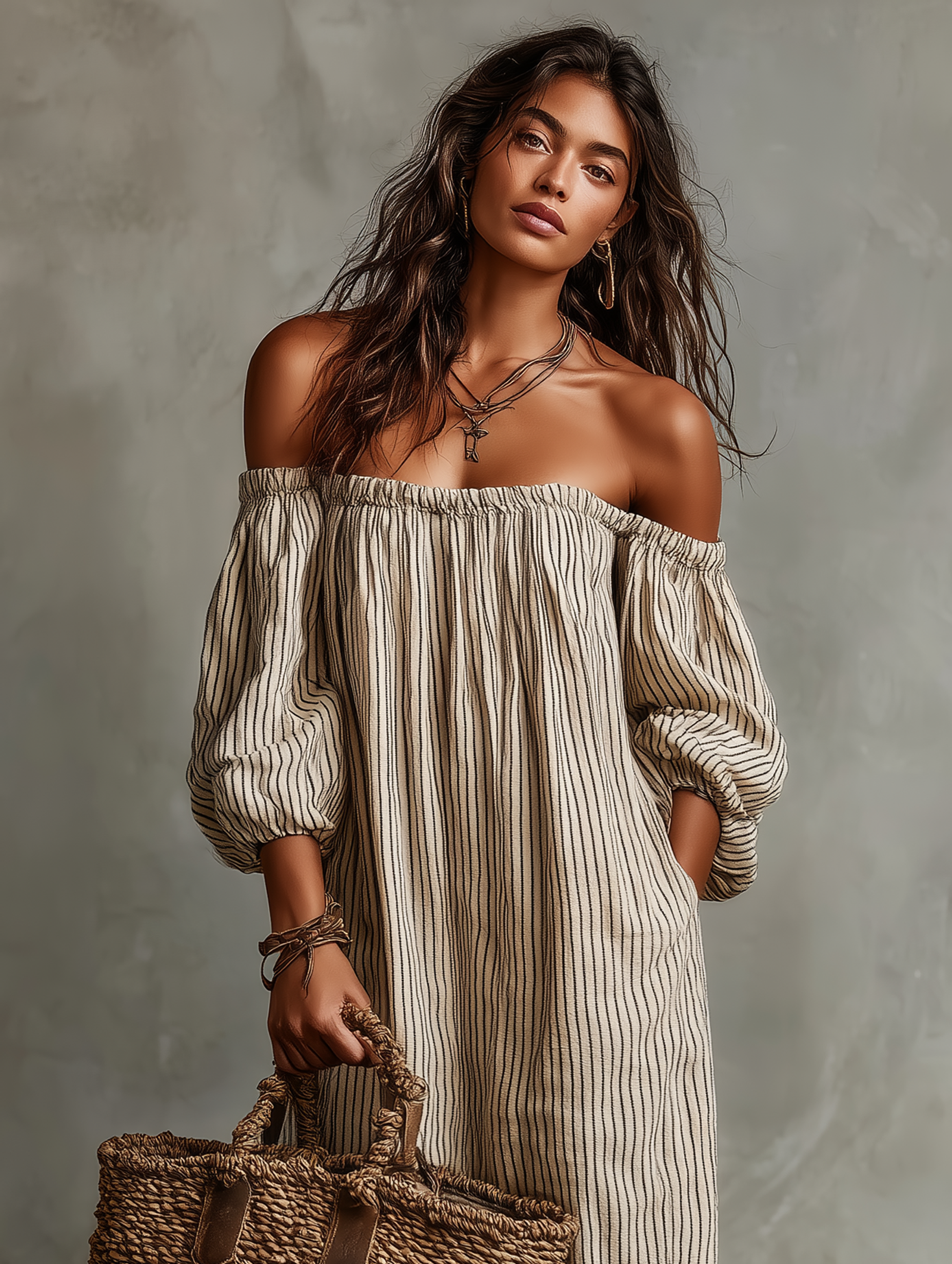 Women's Linen Striped Maxi Dress Off-Shoulder