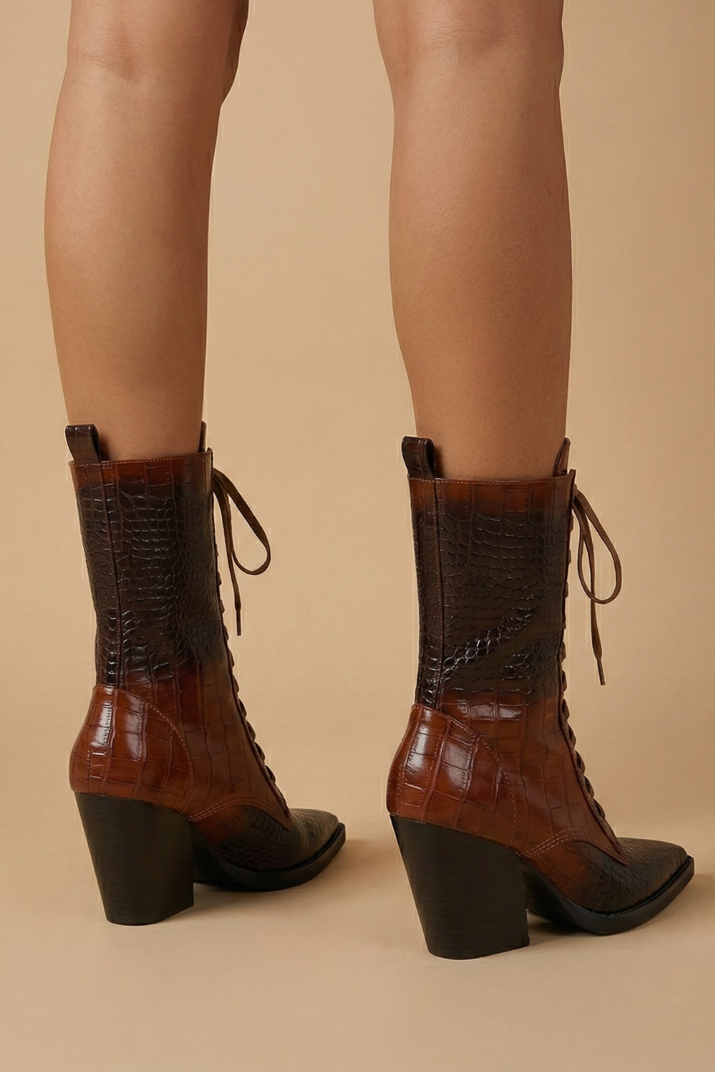 Women Lace Up Ankle Boots - Block Heel Pointed Toe Statement Design