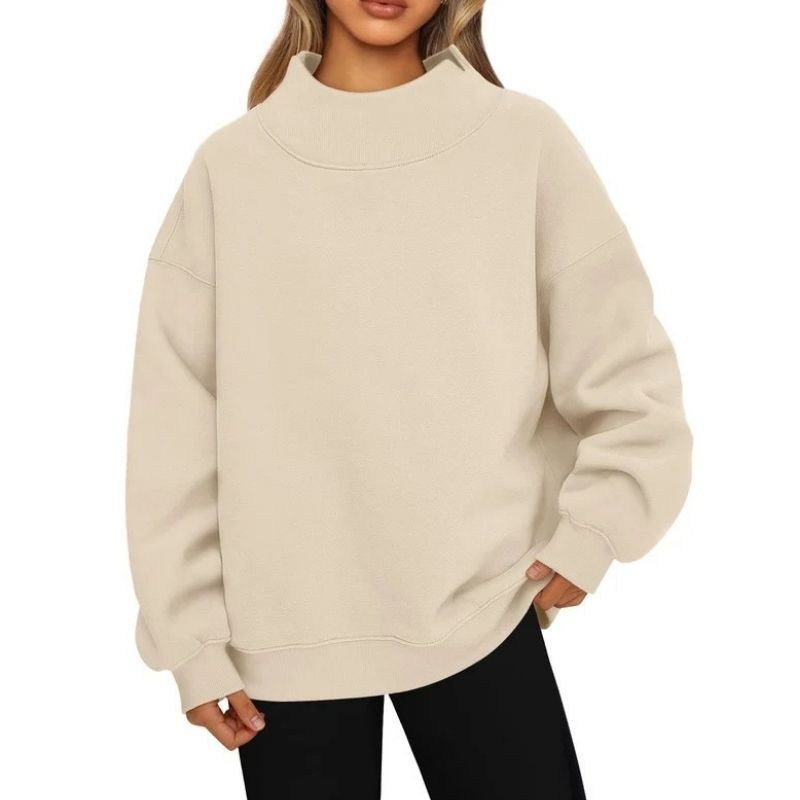 Women's Mock Neck Sweatshirt with Fleece Lining and Drop Shoulder Design, Asymmetric Slit