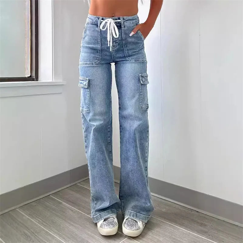 Women's Cargo Jeans - High Waist Drawstring Flap Pocket Wide Leg Denim Pants with Washed Finish