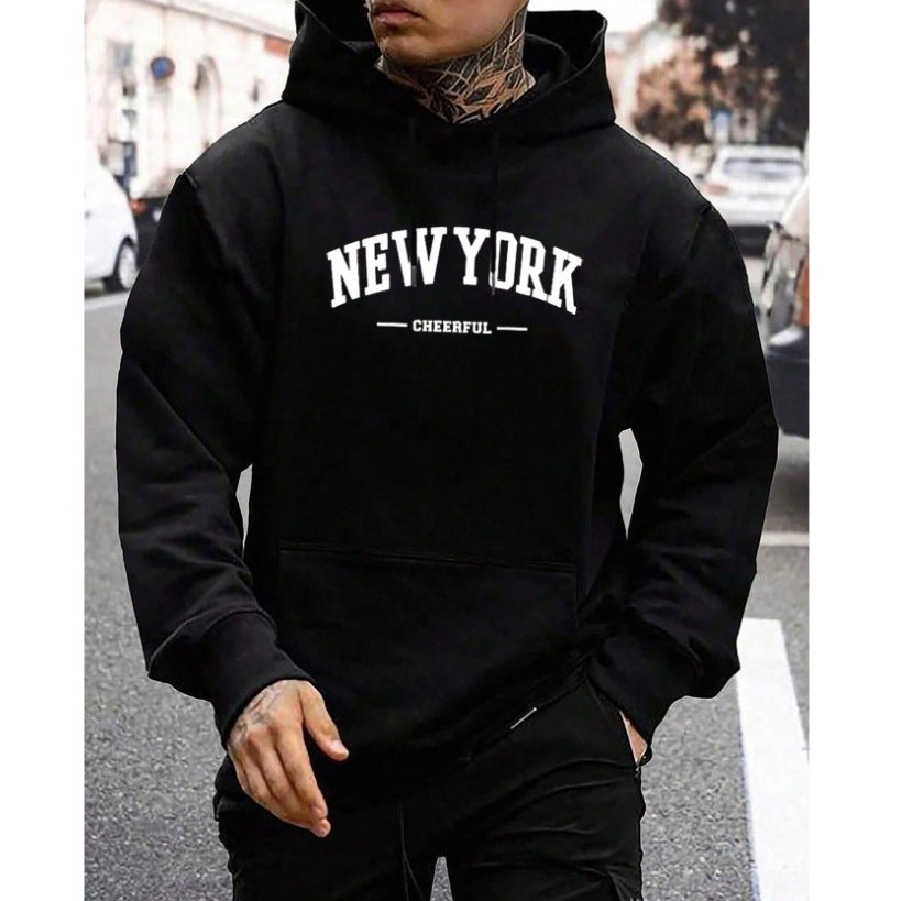 Mens Oversized Pullover Hoodie with Dropped Shoulders and Collegiate Chest Print
