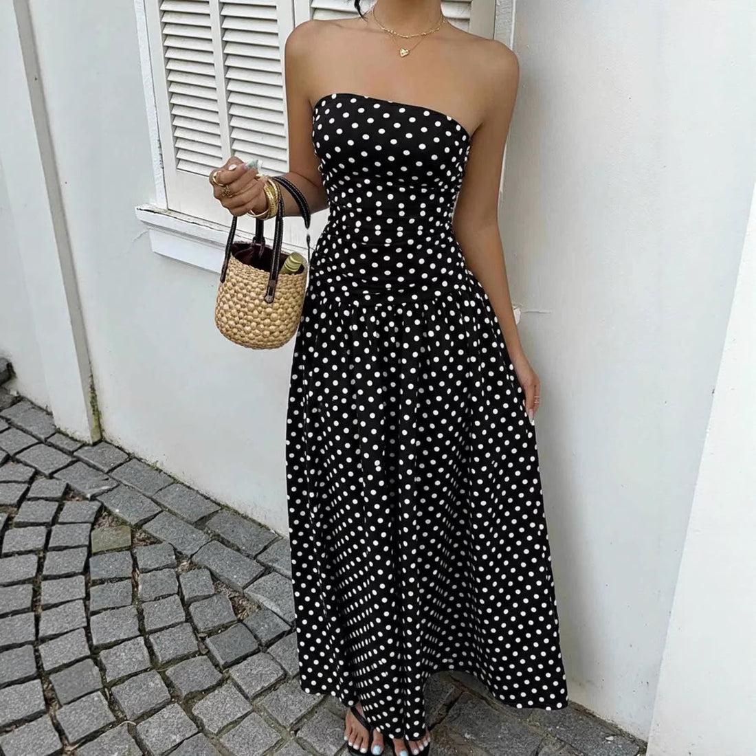 Women's Strapless Polka Dot Ruched Maxi Dress - Flowy Skirt