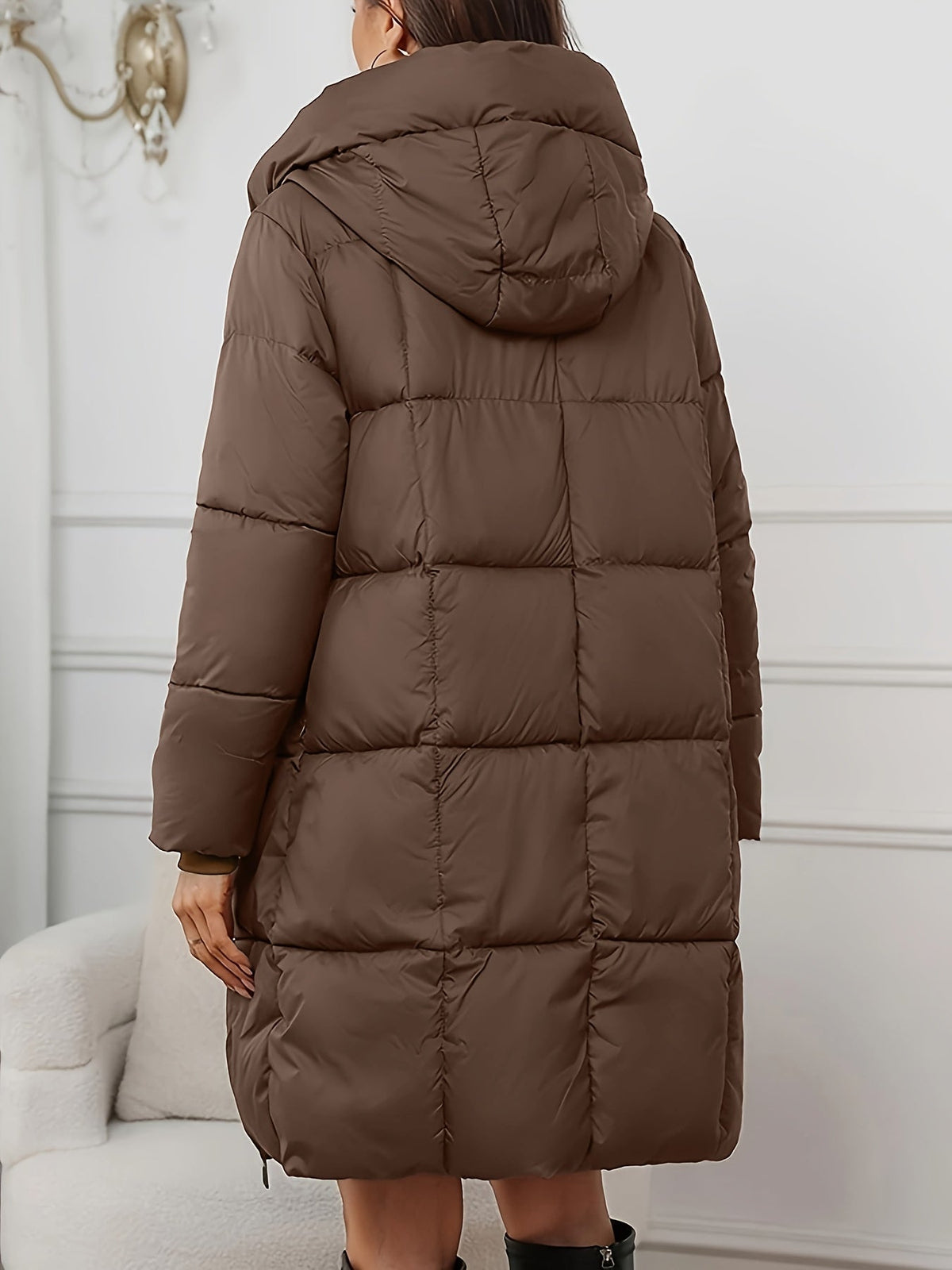 Longline Quilted Coat with Adjustable Drawstring Hood and Side Pockets
