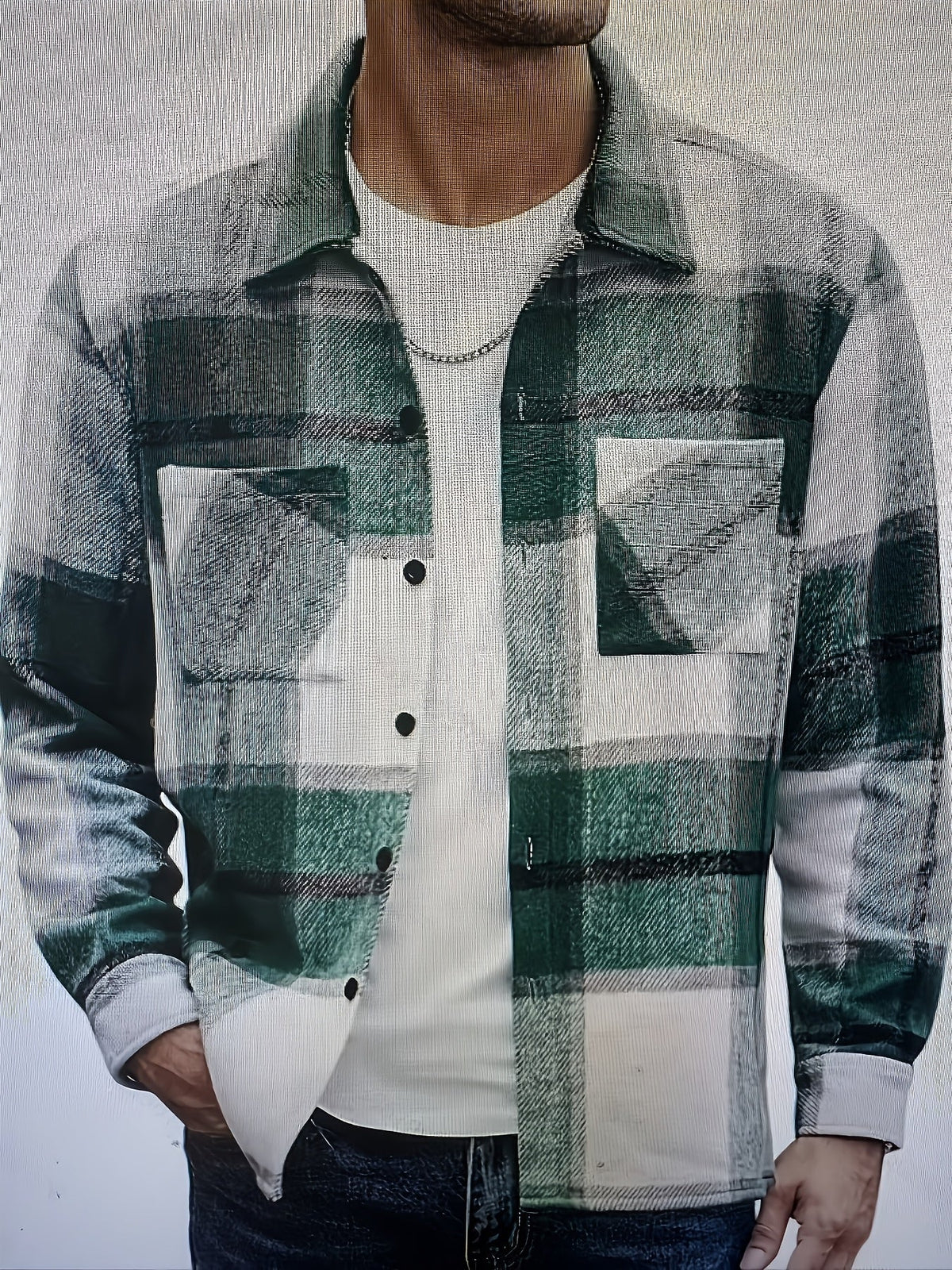 Check Grid Button Front Overshirt with Chest Pockets and Adjustable Cuffs