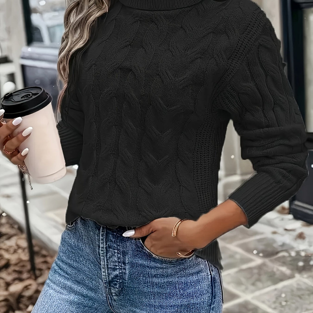 Turtleneck Sweater with Cable Knit Pattern and Relaxed Fit, Full Length Sleeves