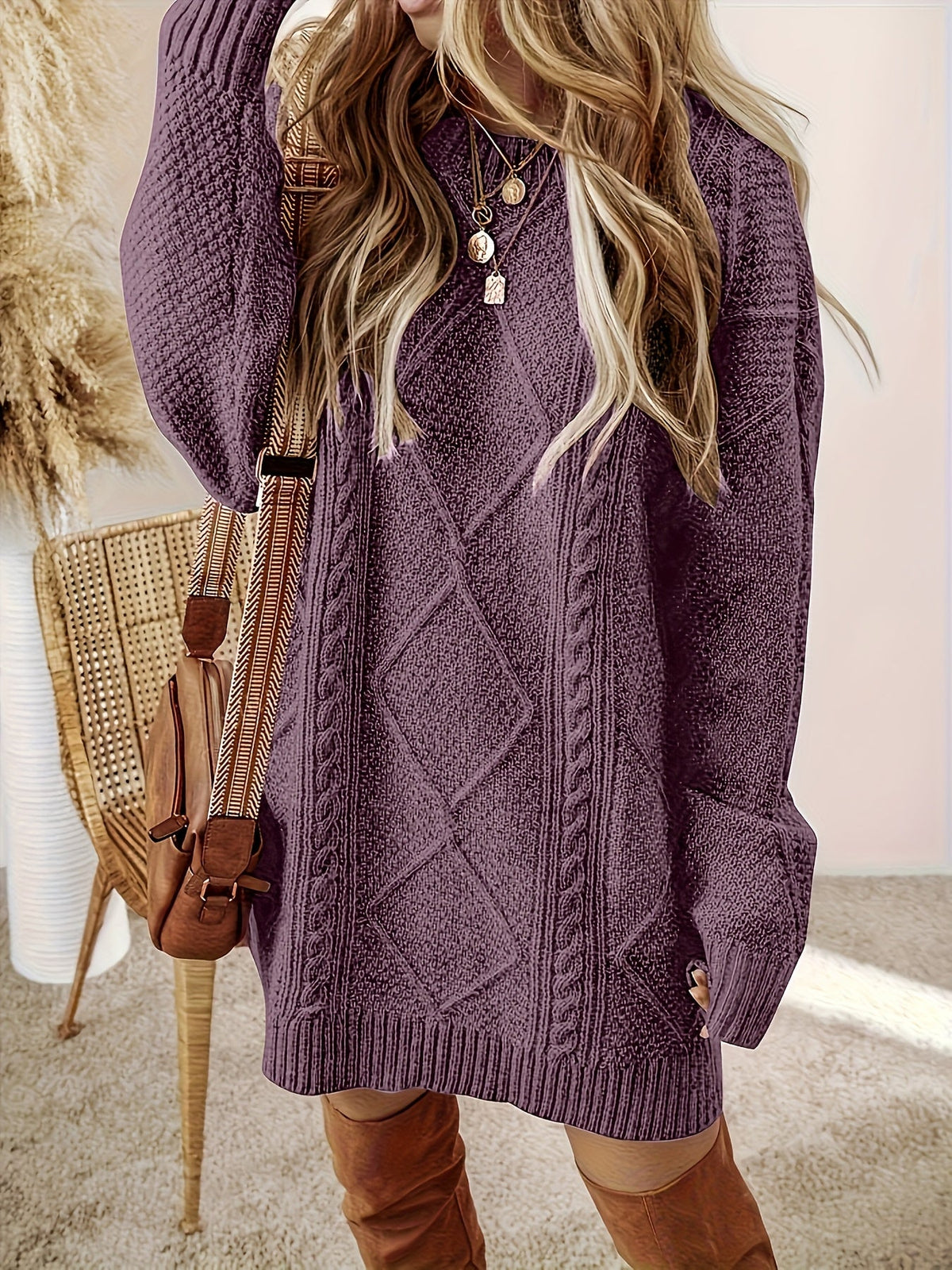 Midi Sweater Dress with Vertical Cable Knit Pattern and Crew Neck
