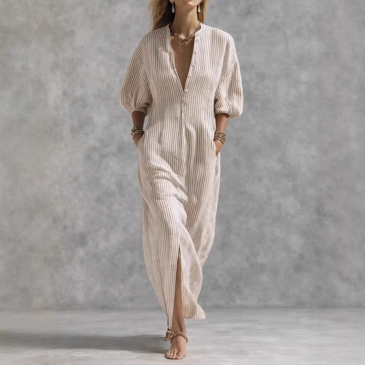 Women's Striped V-Neck Maxi Dress - Half Sleeve - Front Slit - Pockets