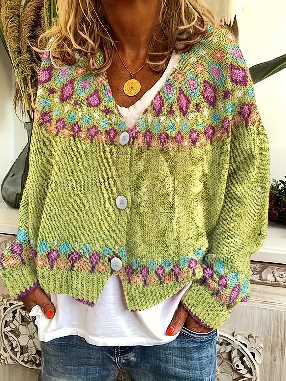 Button Front Cardigan with Nordic Geometric Pattern and V Neckline