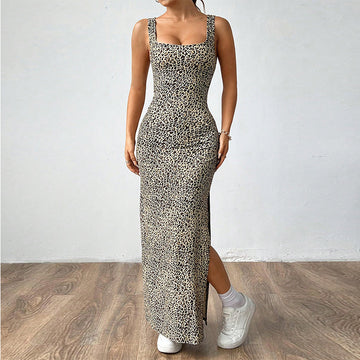 Women's Leopard Print Bodycon Maxi Dress with Side Slit