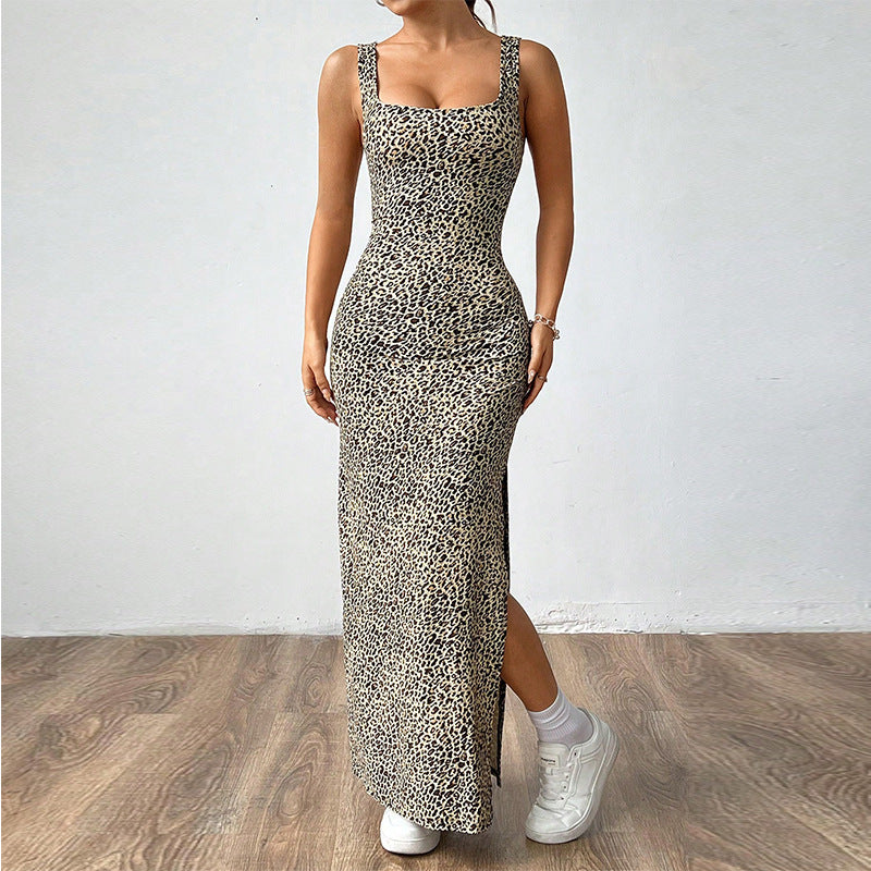 Women's Leopard Print Bodycon Maxi Dress with Side Slit