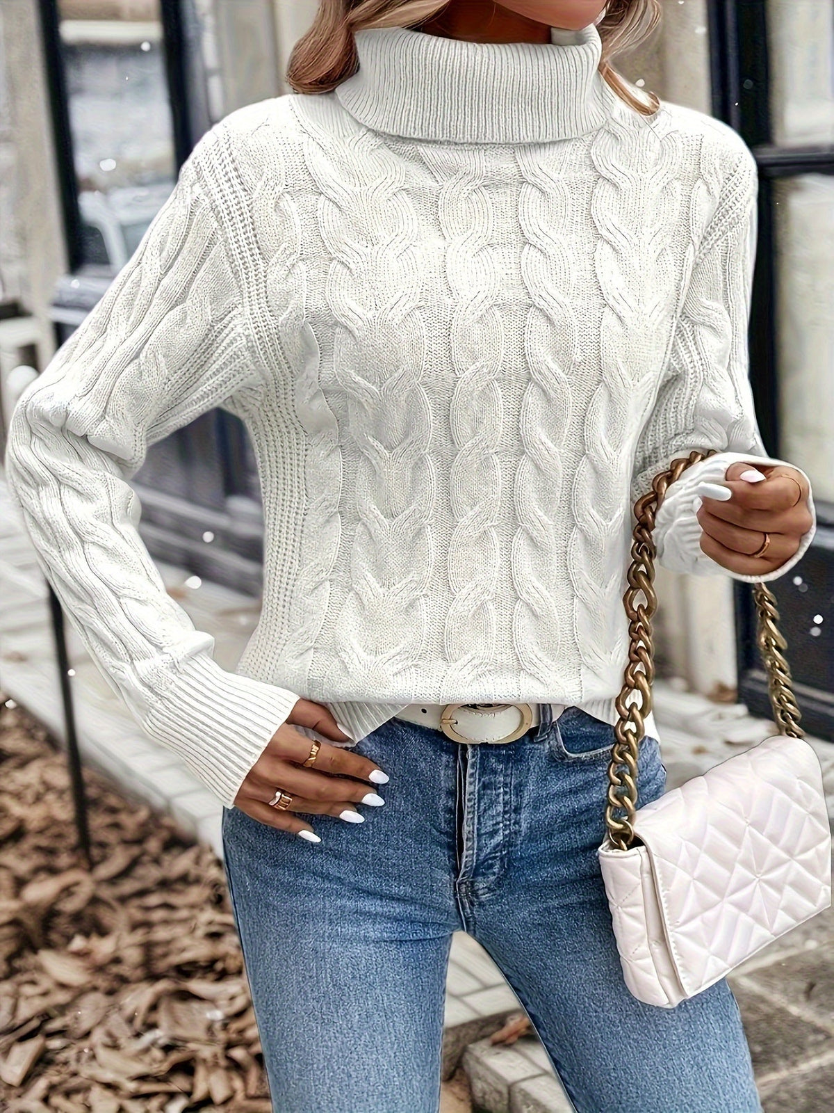 Turtleneck Sweater with Cable Knit Pattern and Relaxed Fit, Full Length Sleeves