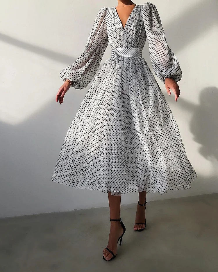 Women's Polka Dot Patchwork A-Line Dress - Puffy Long Sleeves