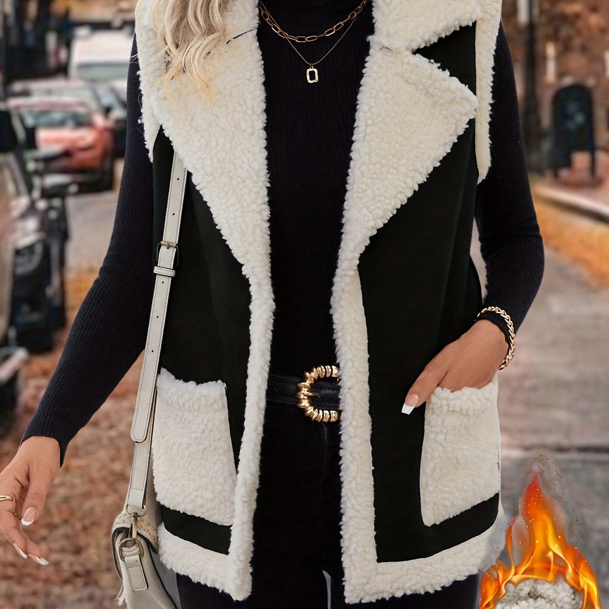 Open Front Vest with Plush Lining and Lapel Collar, Dual Pockets
