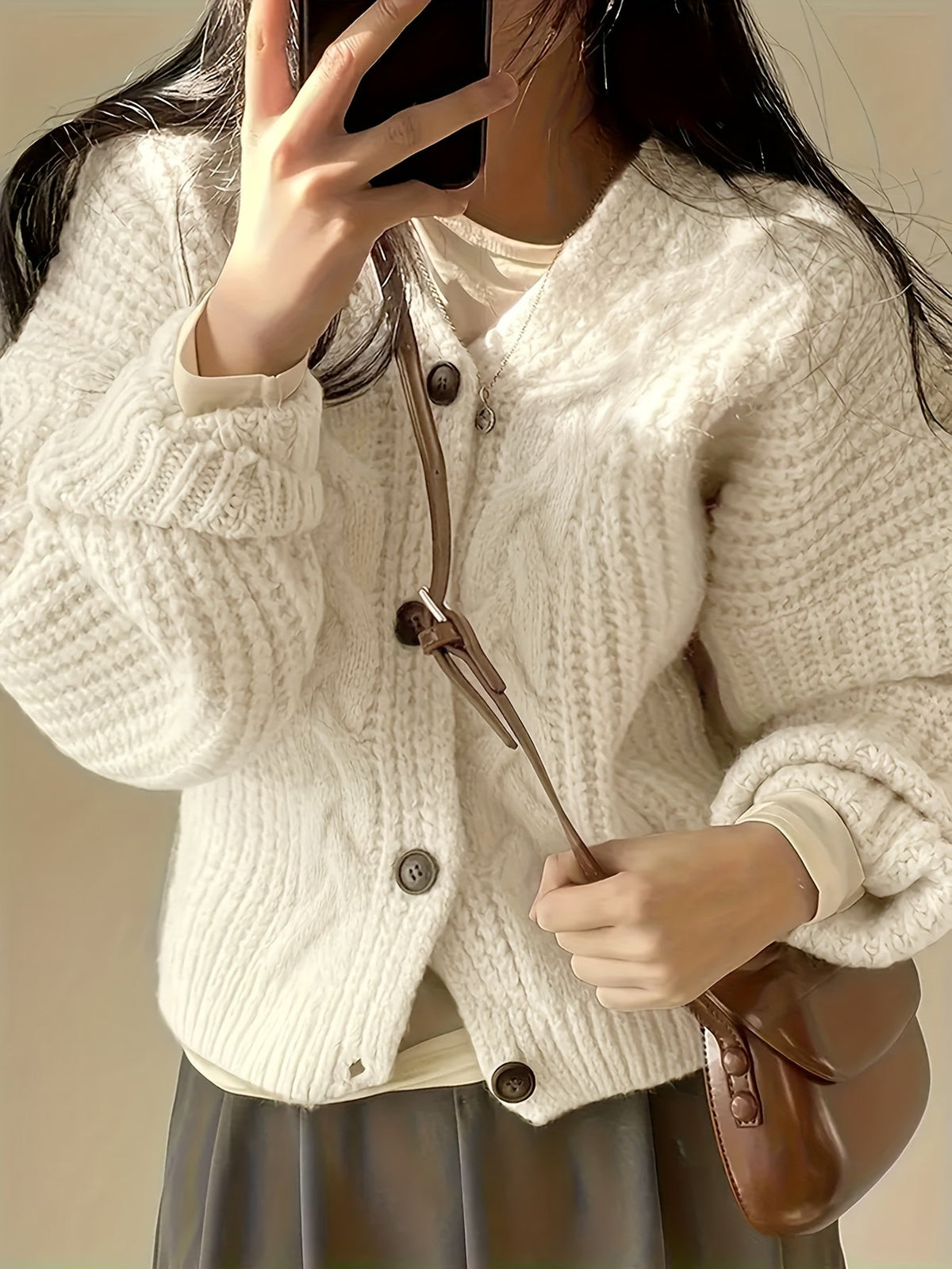 Relaxed Fit Cable Knit Cardigan with Button Front and Full Length Sleeves