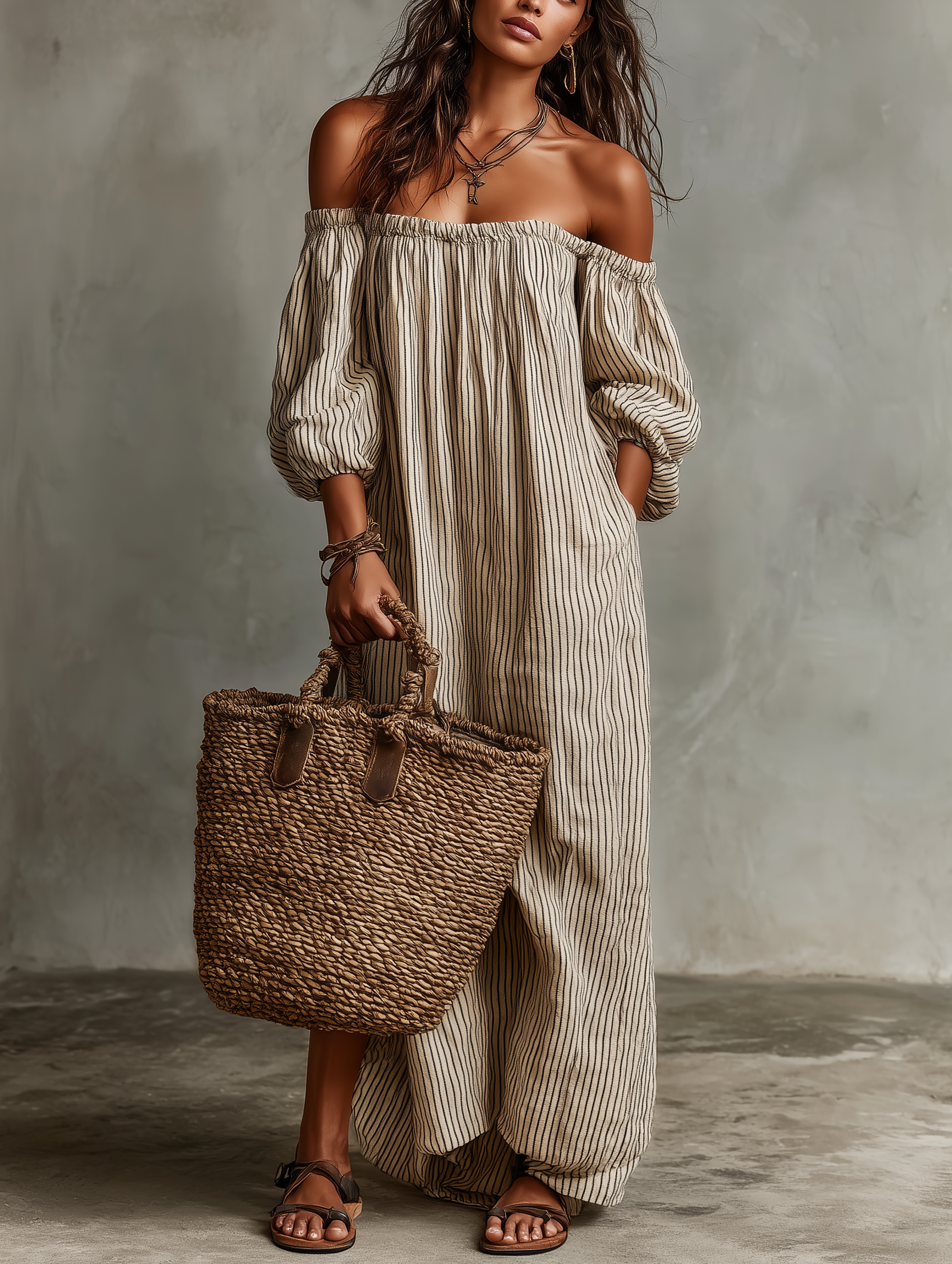 Women's Linen Striped Maxi Dress Off-Shoulder