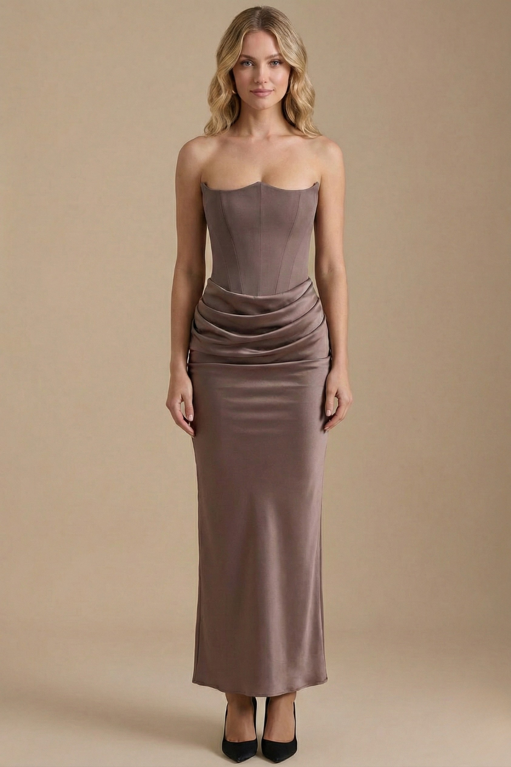Women’s Strapless Maxi Dress with Corset Bodice and Draped Waist Elegant Evening Style