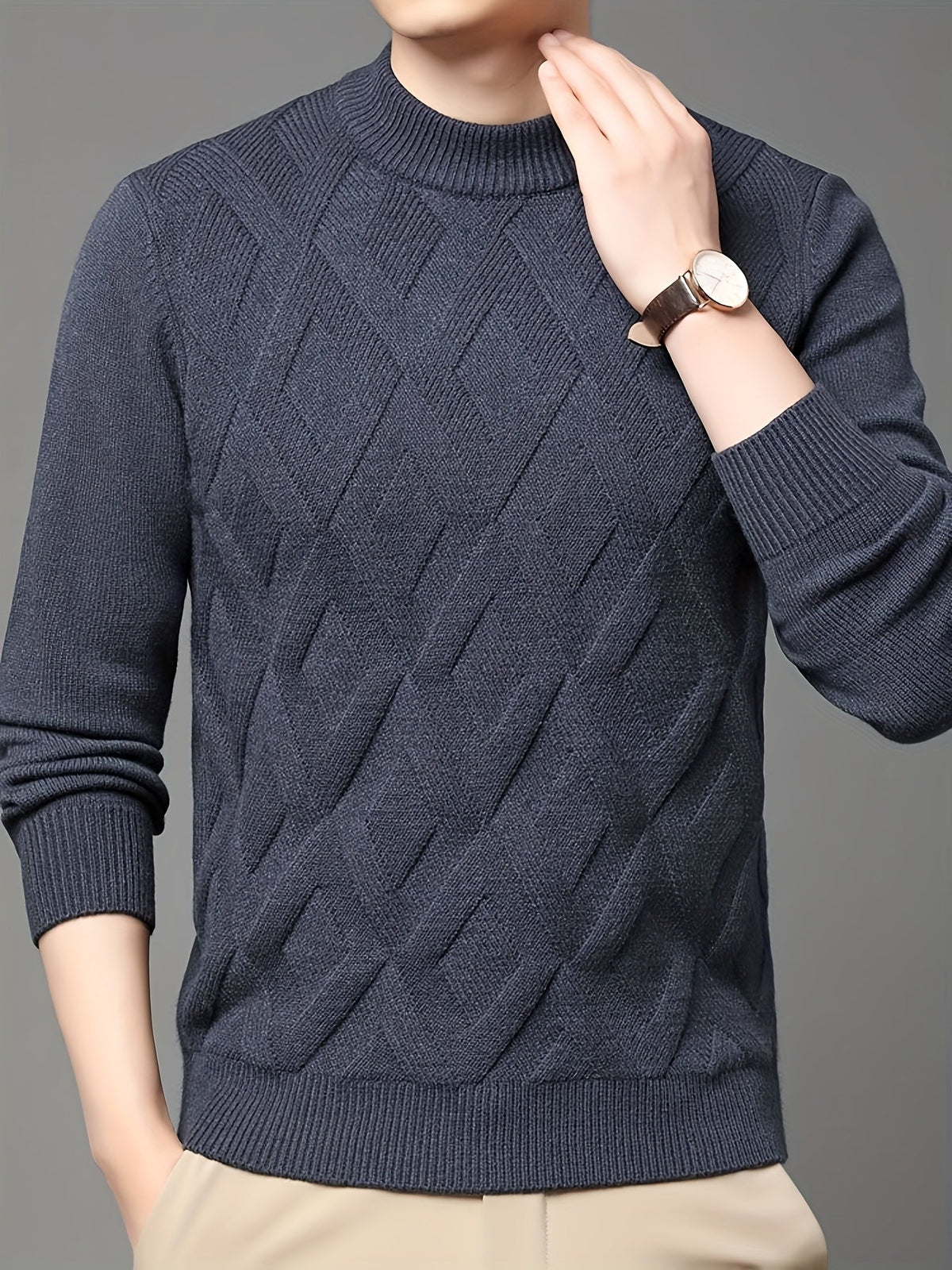 Close Fit Mock Neck Sweater with Diagonal Knit and Ribbed Cuffs