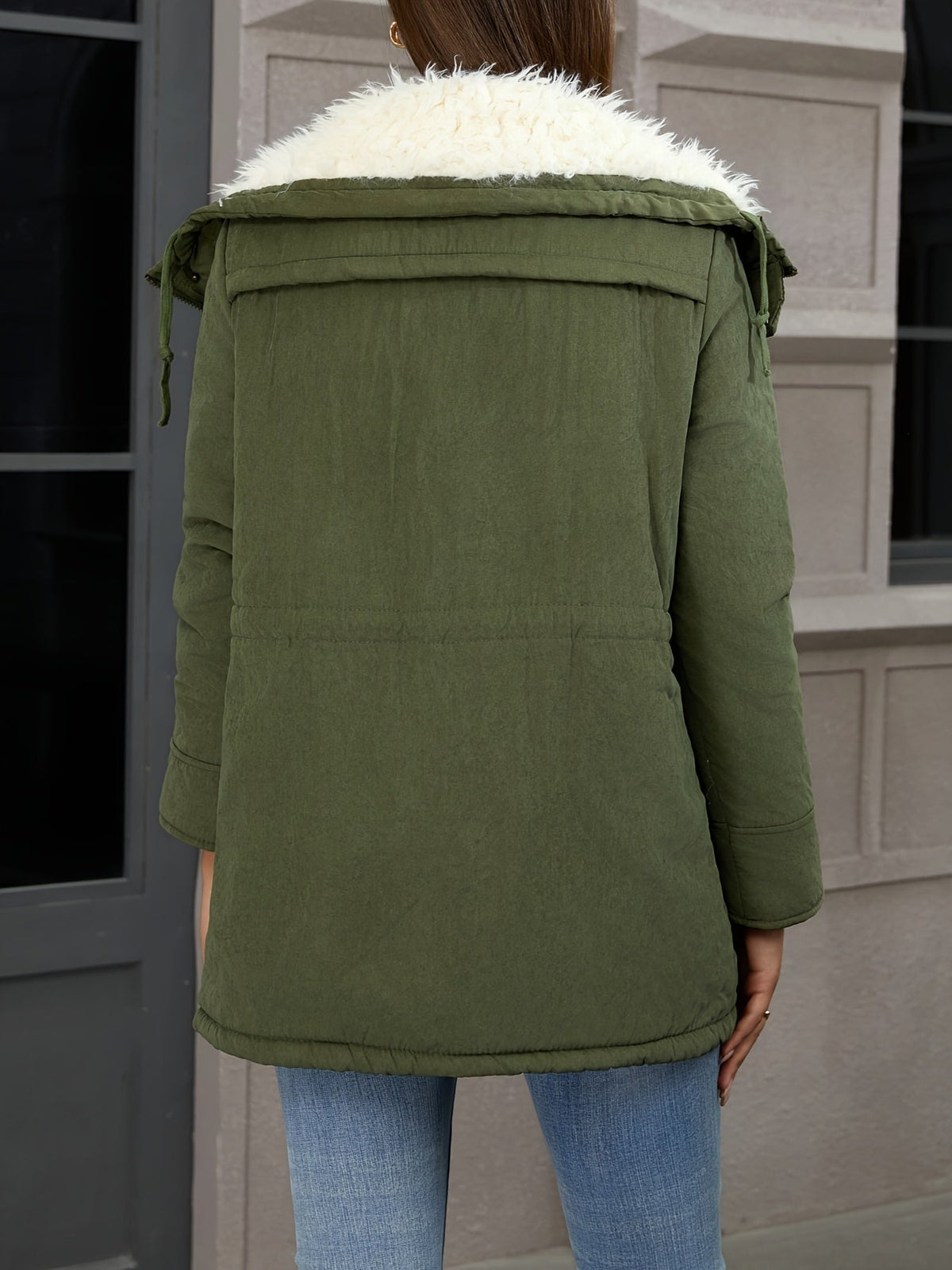 Women's Mid Length Parka with Snap Button Closure and Plush Lining, Adjustable Drawstring