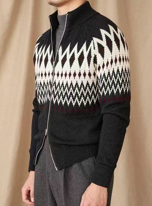 Thick Knit Cardigan with Full Zip and High Collar, Fair Isle Pattern