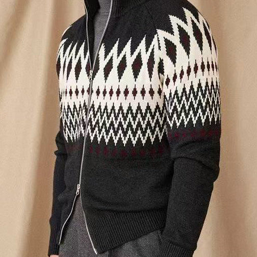 Fair Isle Zip Cardigan with High Collar and Thick Knit, Geometric Pattern