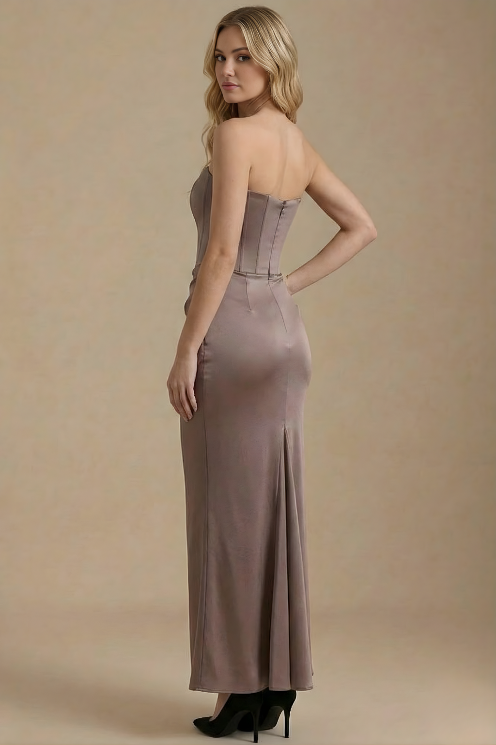 Women’s Strapless Maxi Dress with Corset Bodice and Draped Waist Elegant Evening Style