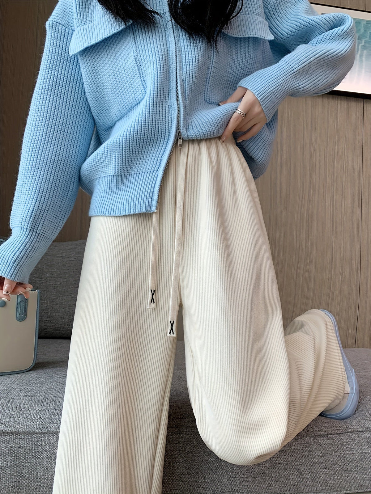 Wide Leg Pants with Thermal Inner Lining and Elastic Waistband for Cold Weather