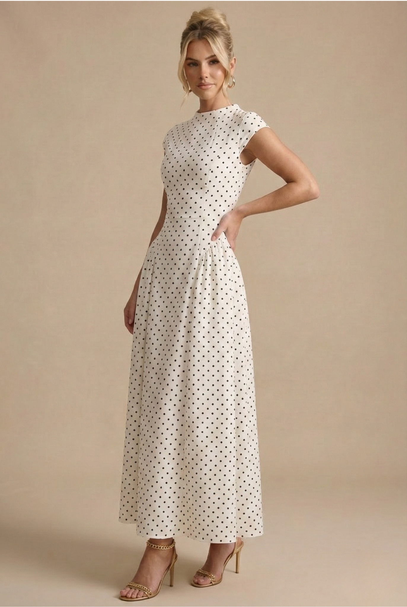 Womens Polka Dot Maxi Dress with Round Neck and A Line Silhouette, White / M Womens Polka Dot Maxi Dress with Round Neck and A Line Silhouette, White / M