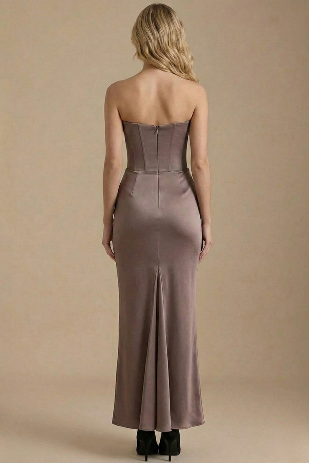 Women’s Strapless Maxi Dress with Corset Bodice and Draped Waist Elegant Evening Style