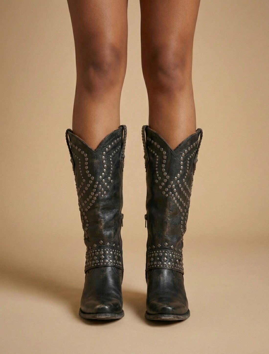 Women’s Knee-High Western Boots with Stud Detailing and Block Heel