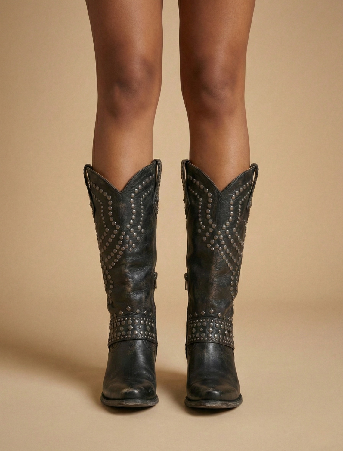 Women’s Knee-High Western Boots with Stud Detailing and Block Heel
