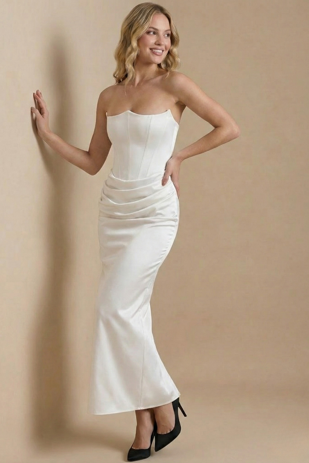 Women’s Strapless Maxi Dress with Corset Bodice and Draped Waist Elegant Evening Style