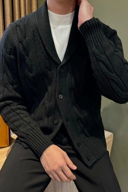 Button Front Cable Knit Cardigan with Ribbed Trim and Pill Resistant Polyester