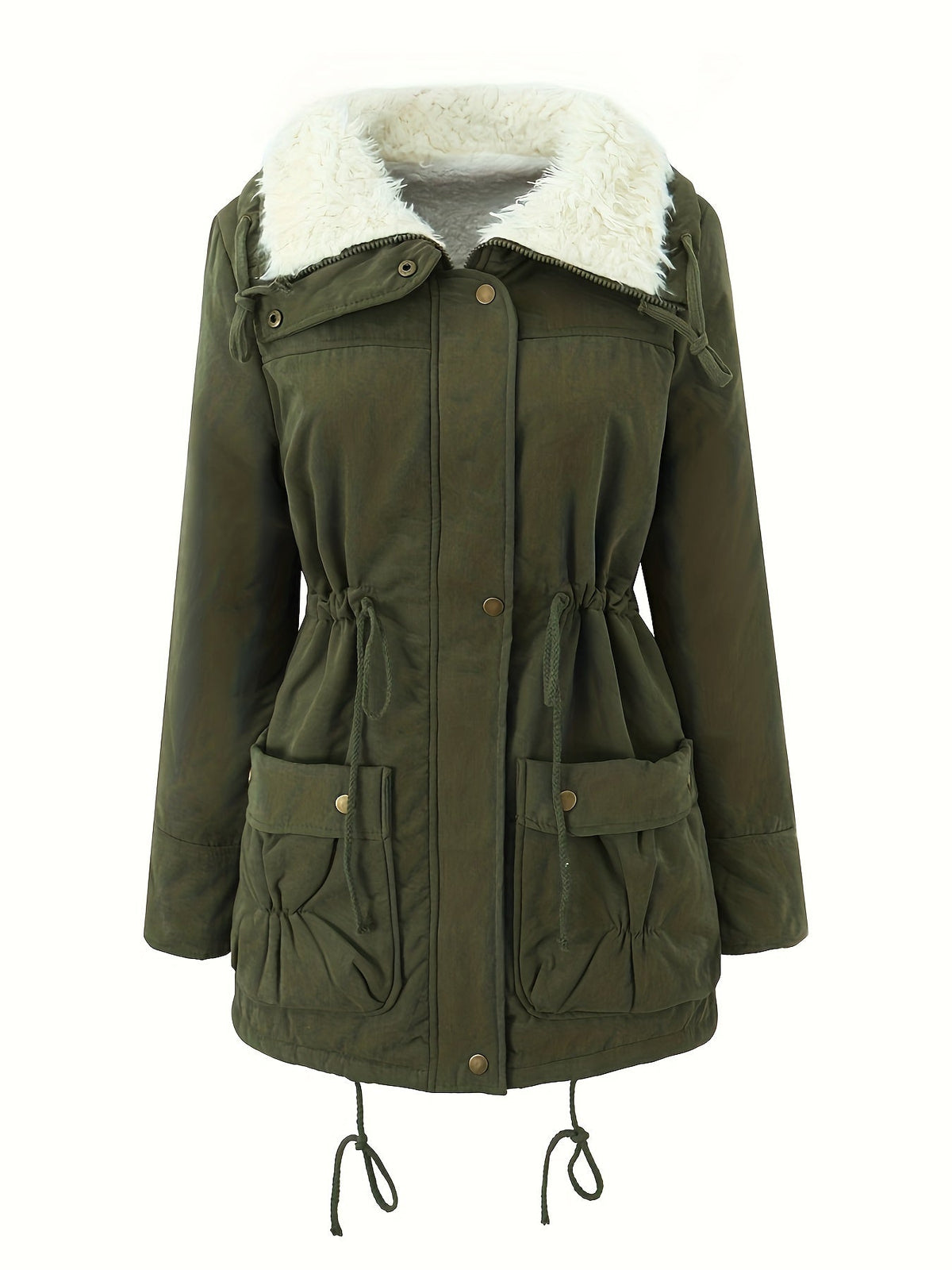 Women's Mid Length Parka with Snap Button Closure and Plush Lining, Adjustable Drawstring