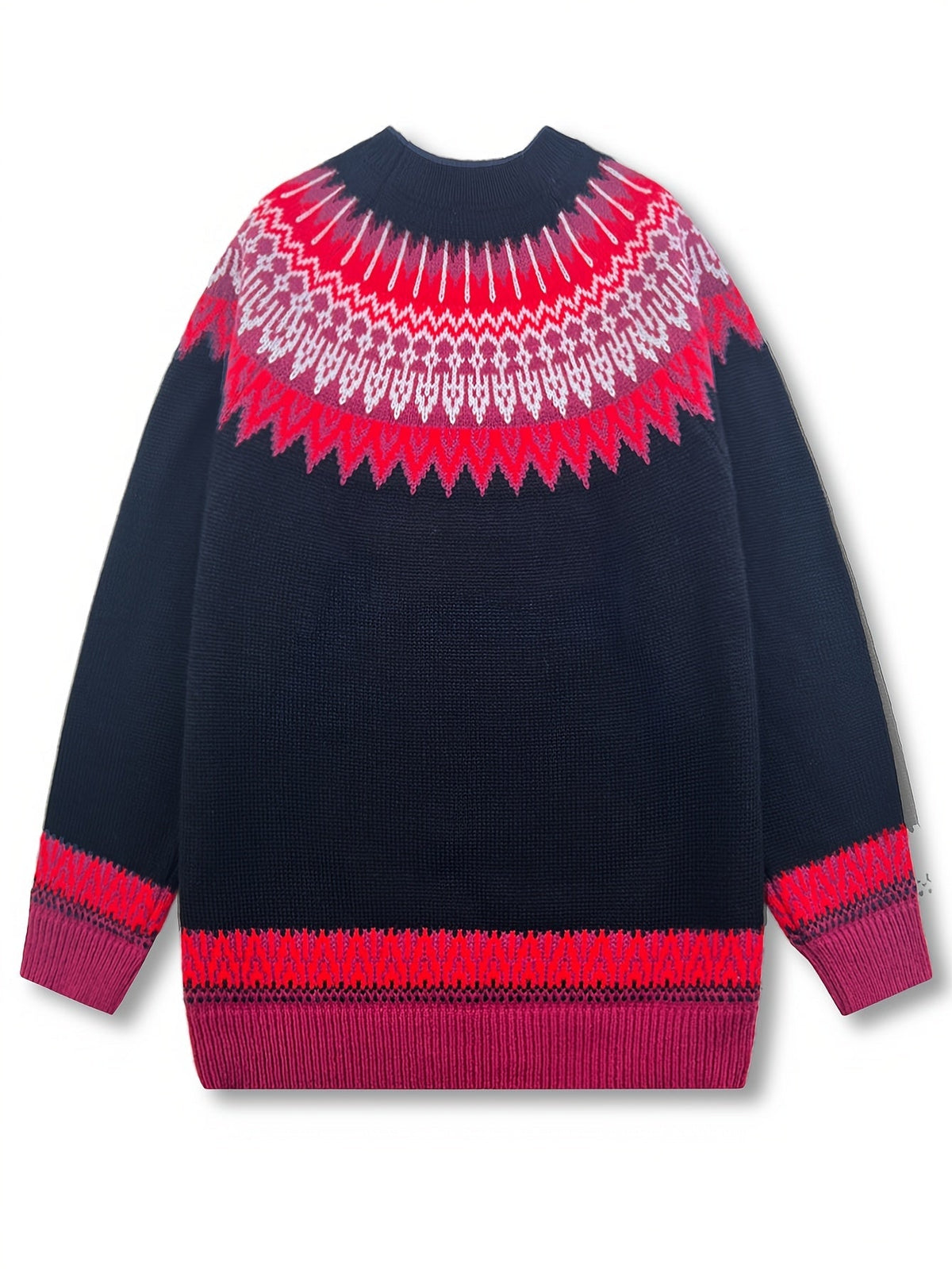 Chunky Knit Sweater with Jacquard Weave Pattern and Round Neck, Hip Length
