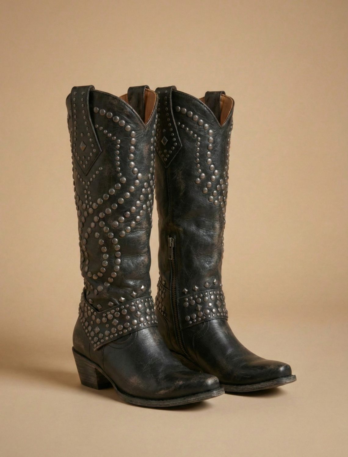 Women’s Knee-High Western Boots with Stud Detailing and Block Heel